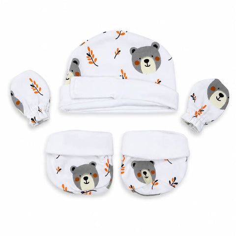 Preemie / NICU Accessories Set – Cap, Mittens & Socks — White Teddy Bear Print