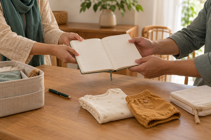 Two caregivers sharing a blank baby-care handover notebook beside folded baby clothes