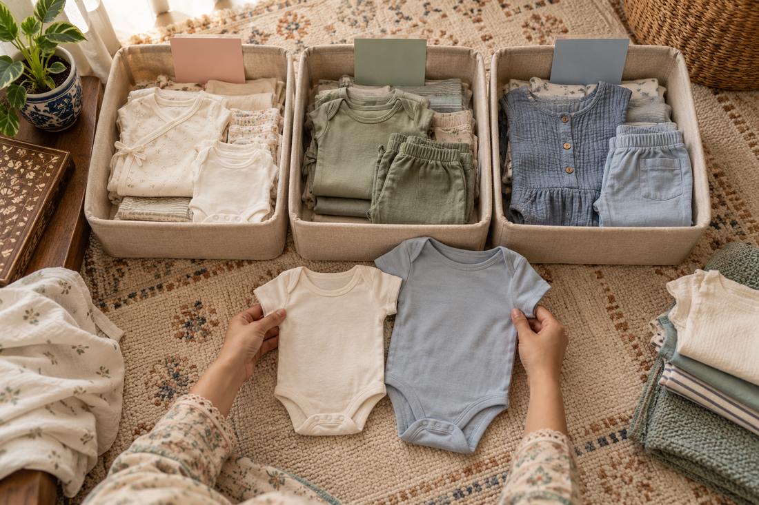 Baby clothes sorted into three storage bins by current fit while two bodysuits are compared side by side.