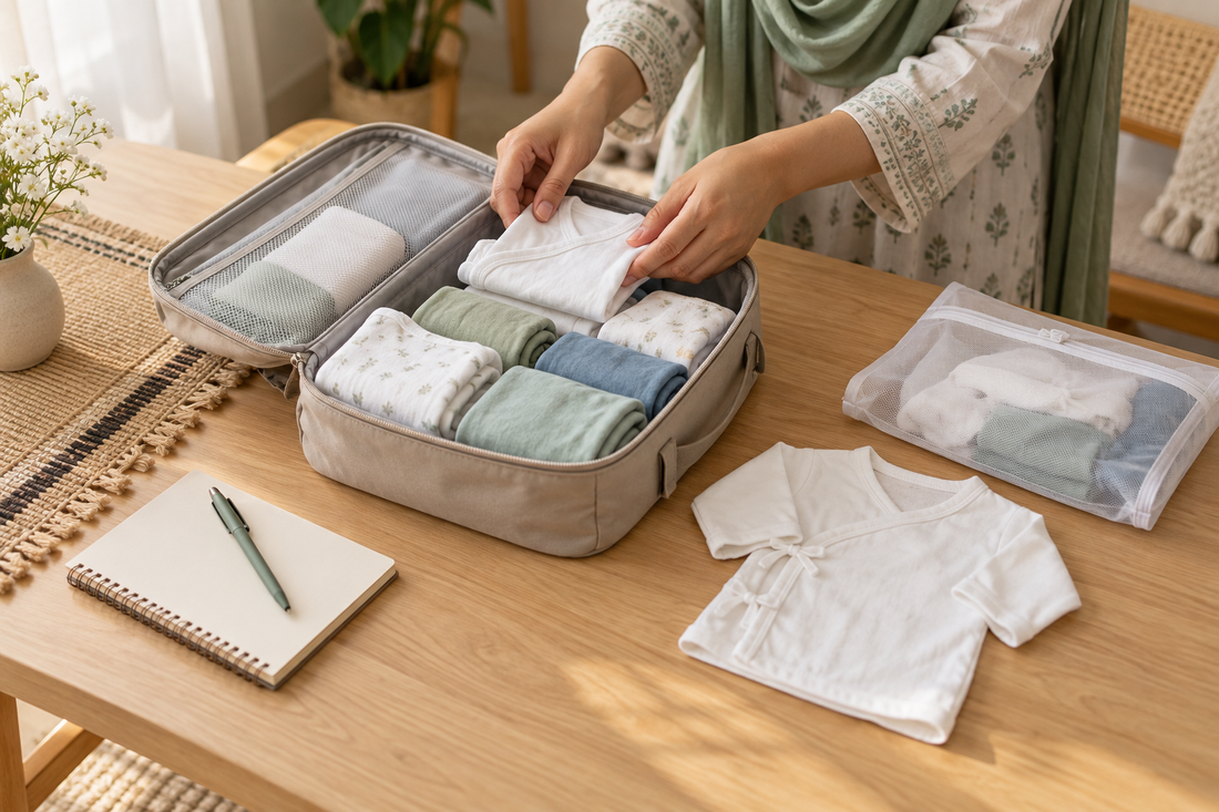 Caregiver packing folded baby clothes and a blank notebook into a small hospital bag.