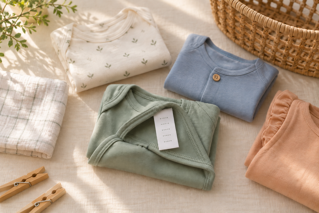 Flat lay of folded baby clothes with a sewn-in care label prepared for laundry.