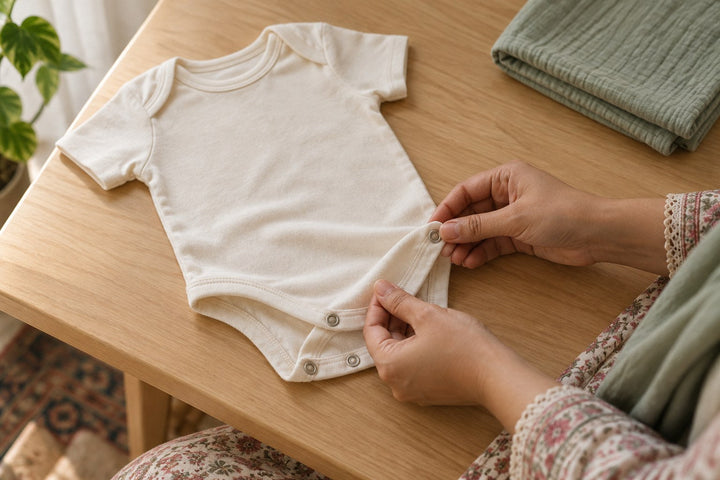AI-generated illustration of a caregiver inspecting the snap panel of a plain baby bodysuit on a wooden table.