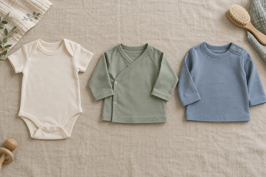 Flat lay comparing an envelope-neck bodysuit, wrap-front baby top and shoulder-snap opening.