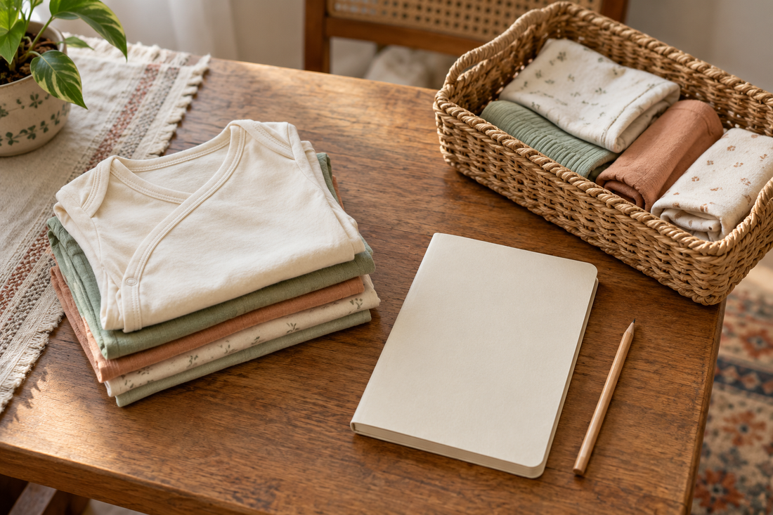 AI-generated illustration of folded baby clothes, a blank notebook and a basket on a wooden table.