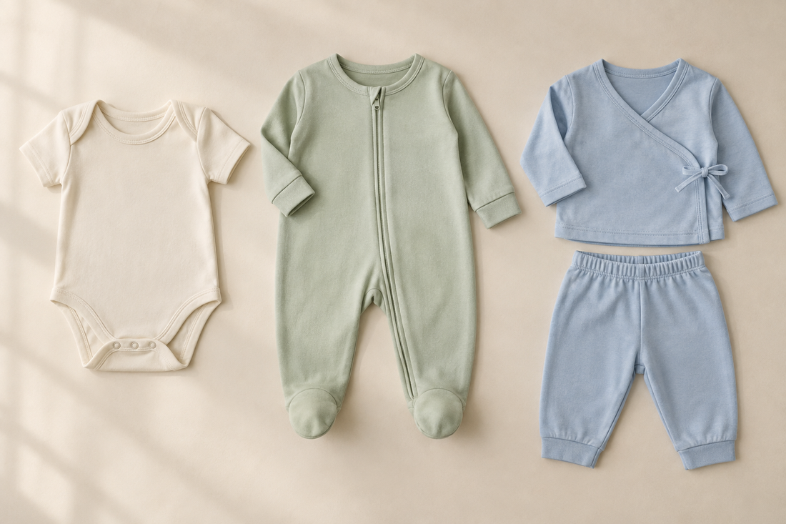 Illustration comparing a cream short-sleeve bodysuit, sage footed zipper romper and blue two-piece baby set.