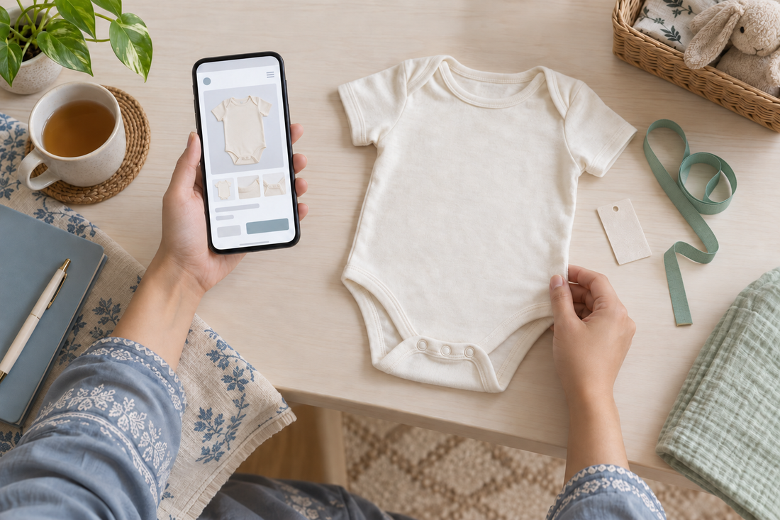 Caregiver comparing an online baby clothing listing with a cream bodysuit and a plain fabric measuring ribbon.