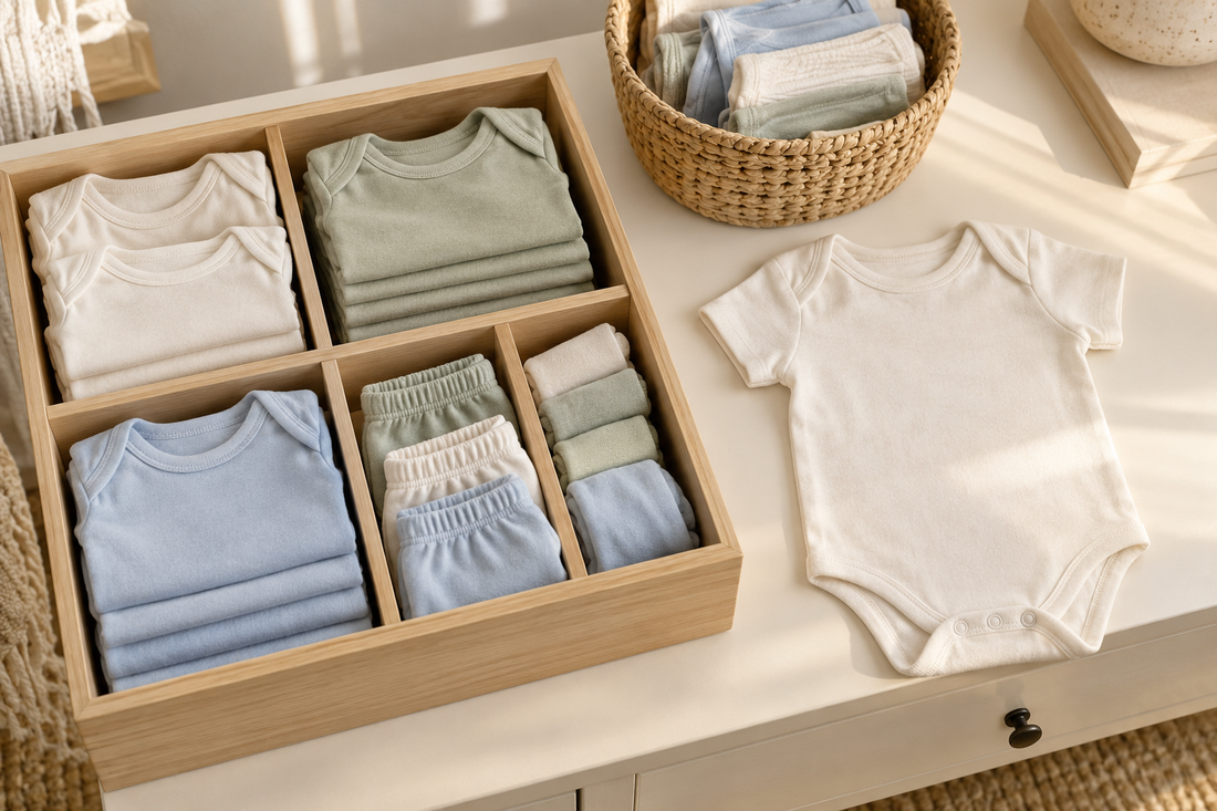 Illustrative newborn wardrobe with folded cream, sage and blue garments in a wooden organiser beside a plain bodysuit.