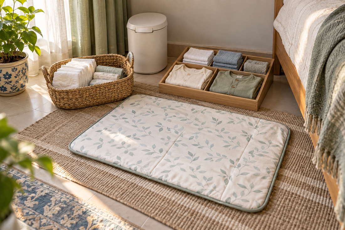 A simple floor-level baby changing station with a washable mat, nappies, cloths, spare outfits and a lidded bin.