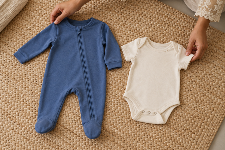AI-generated editorial illustration comparing a blue zip romper with a cream snap-fastened bodysuit