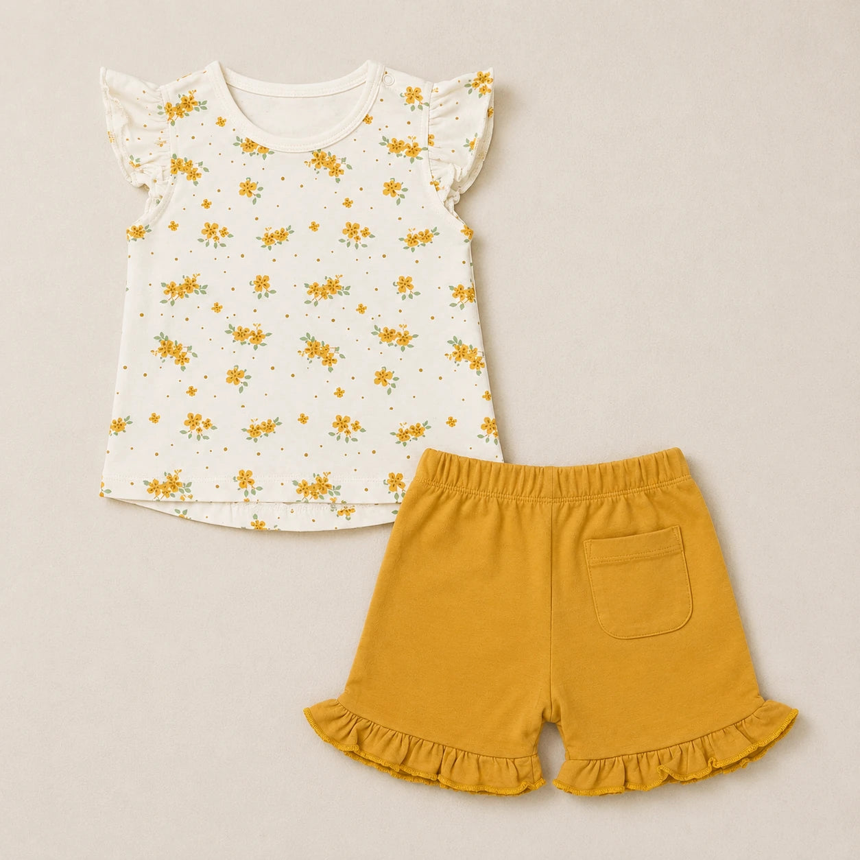 Tiny Blossom floral 2-piece baby set with top and ochre shorts – alternate product view