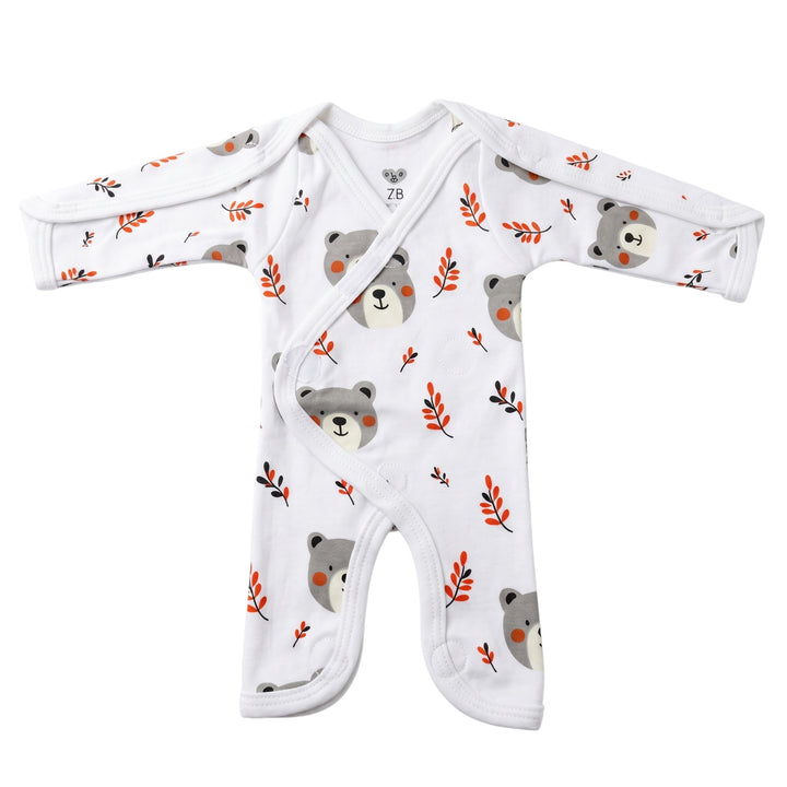 White preemie/NICU full body suit with teddy bear print, front view — White Teddy Bear Print