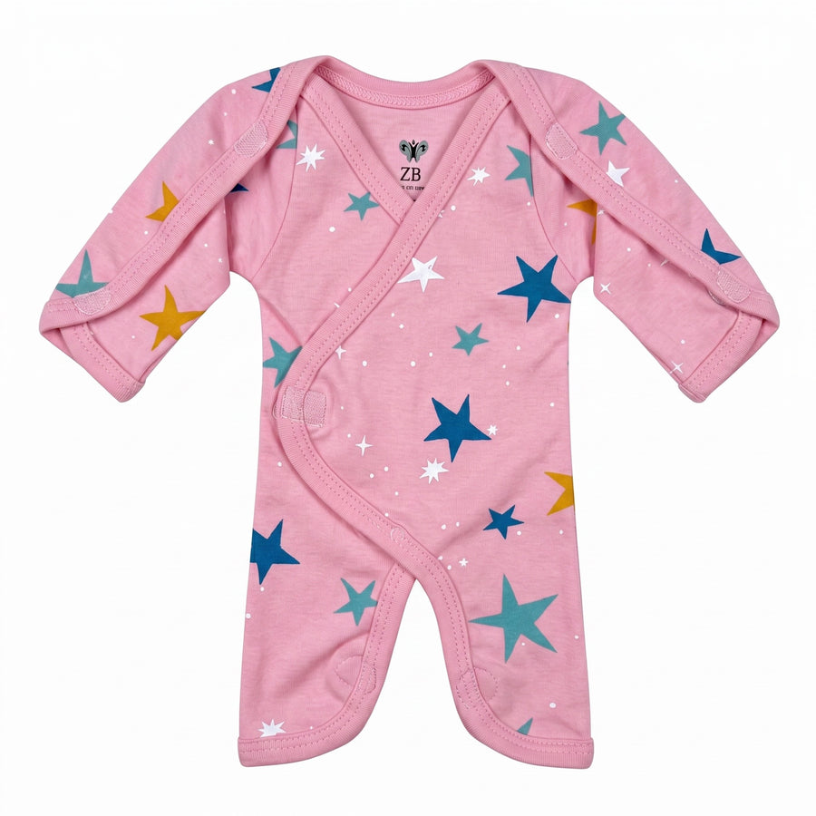 Pink preemie/NICU full body suit with multicolor star print, front view