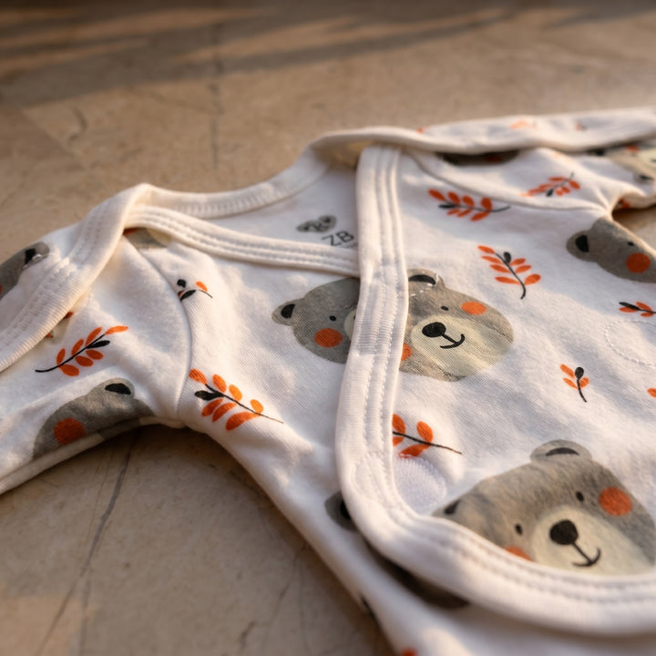 White teddy bear-print preemie/NICU full body suit, neckline detail — White Teddy Bear Print