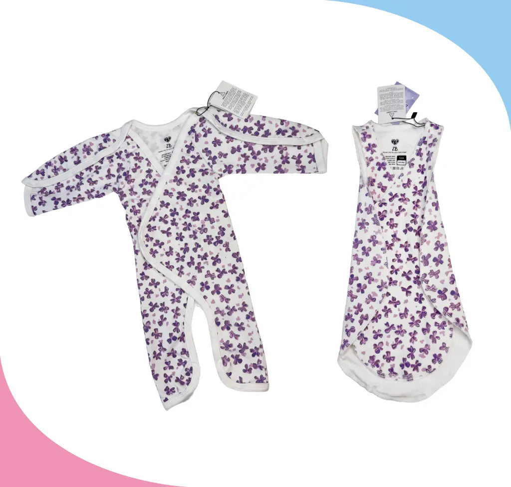 Cute Violet Flowers Preemie Set – Full Bodysuit & Sleeveless Shirt