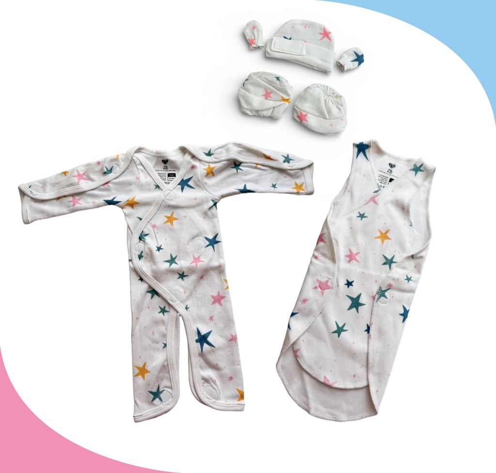Star Pattern Preemie Set – Full Bodysuit, Sleeveless Shirt & Accessories