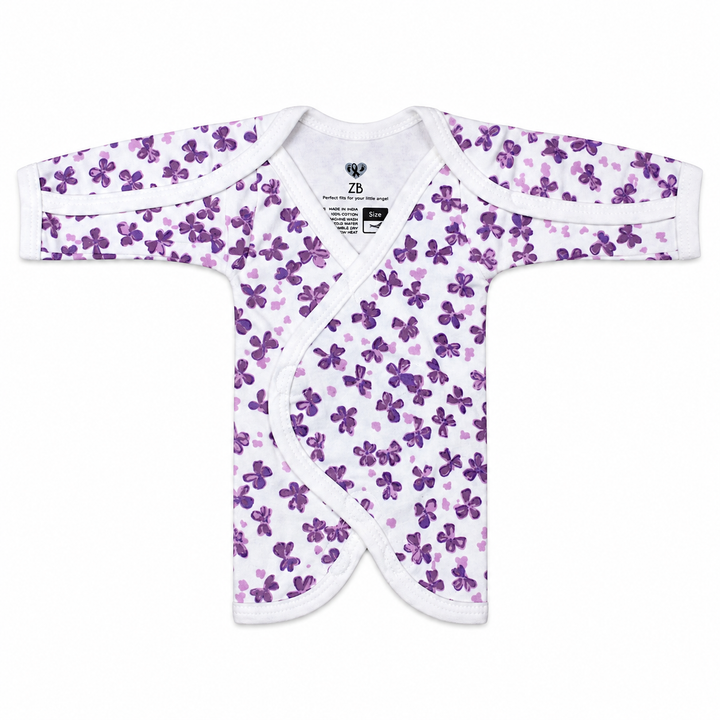 White preemie/NICU half body suit with purple flower print, front view — White Cute Flower Print