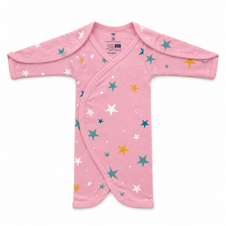 Pink preemie/NICU half body suit with multicolor star print, front view — Pink Star Print