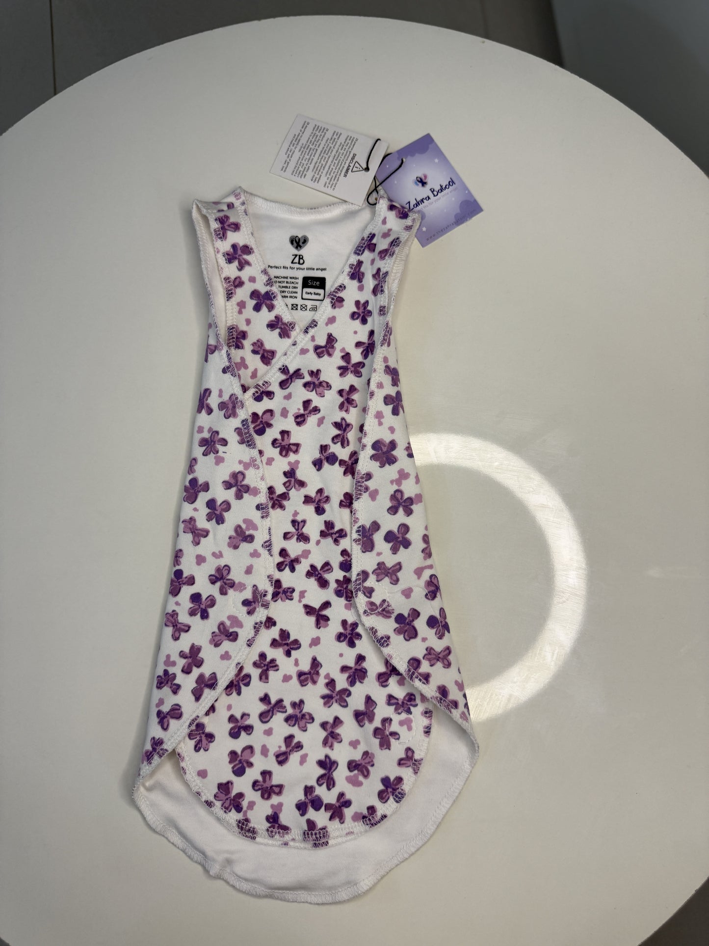 Pure Cotton Preemie Sleeveless Shirt – Cute Violet Flowers Pattern