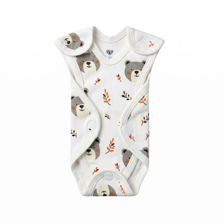 White preemie/NICU romper with teddy bear print, front view — White Teddy Bear Print