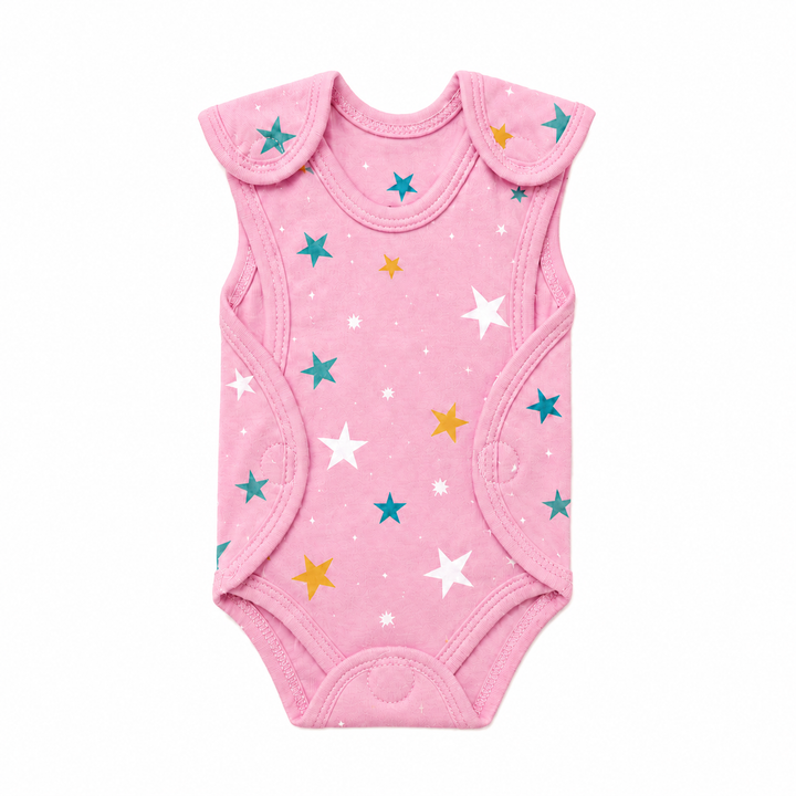 Pink preemie/NICU romper with multicolor star print, front view — Pink Star Print