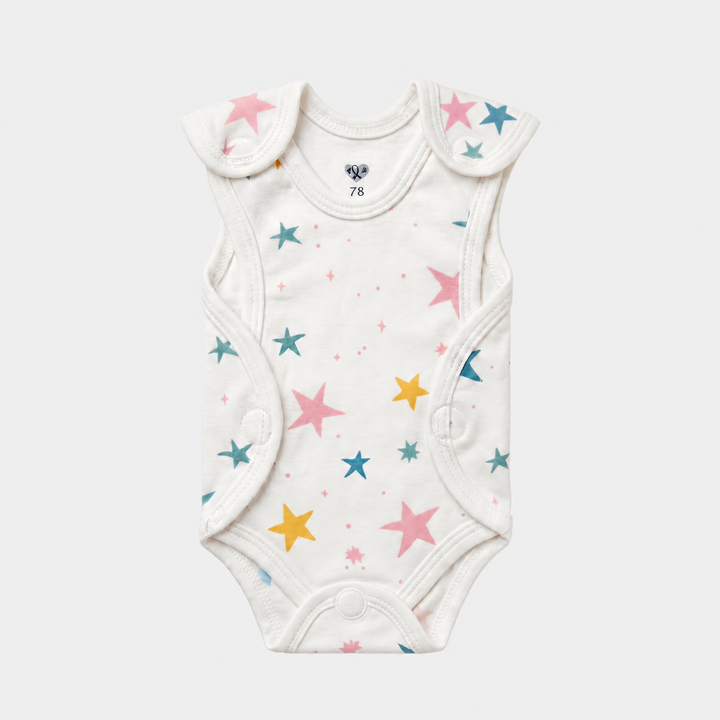 White preemie/NICU romper with multicolor star print, front view — White Star Print