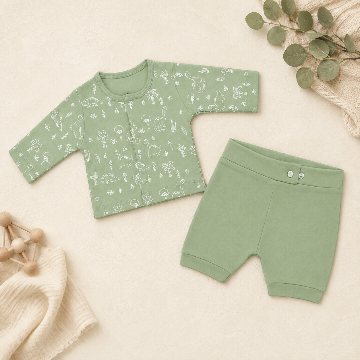 Little Dino 2-piece cotton baby set with wrap-style top and trousers – alternate product view