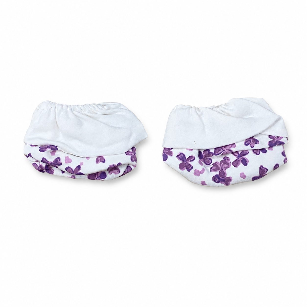 White preemie/NICU socks with purple flower print, pair view
