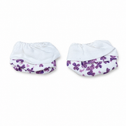 White preemie/NICU socks with purple flower print, pair view