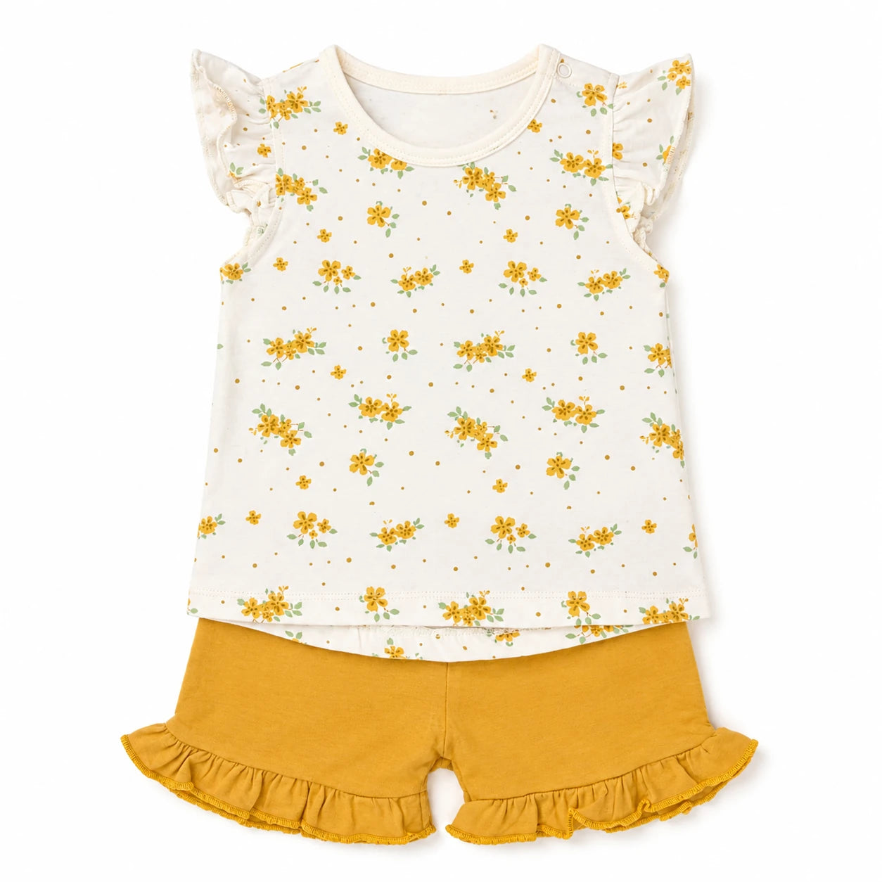 Tiny Blossom floral 2-piece baby set with top and ochre shorts
