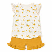 Tiny Blossom floral 2-piece baby set with top and ochre shorts