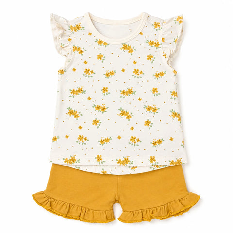 Tiny Blossom floral 2-piece baby set with top and ochre shorts