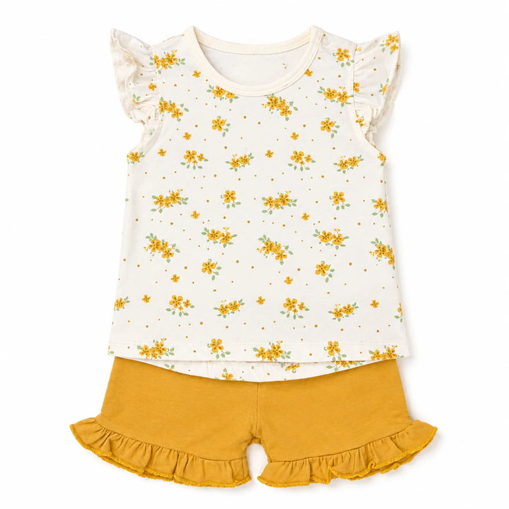 Tiny Blossom floral 2-piece baby set with top and ochre shorts