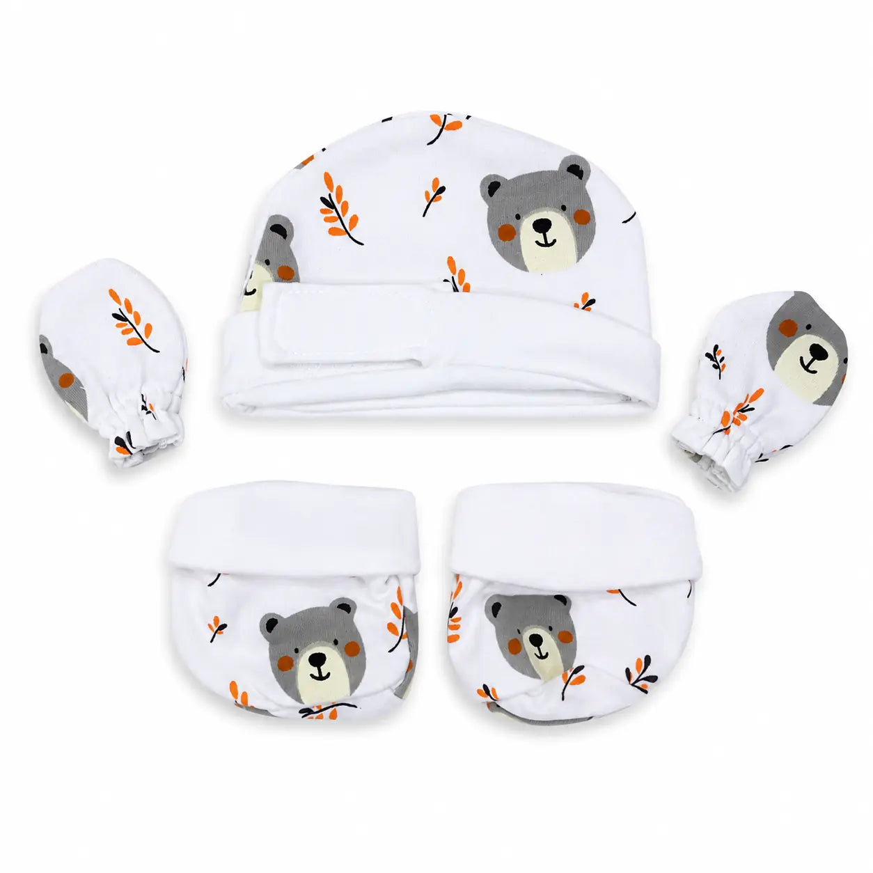 White Teddy Bear Print – Preemie / NICU Accessories Set – View 1