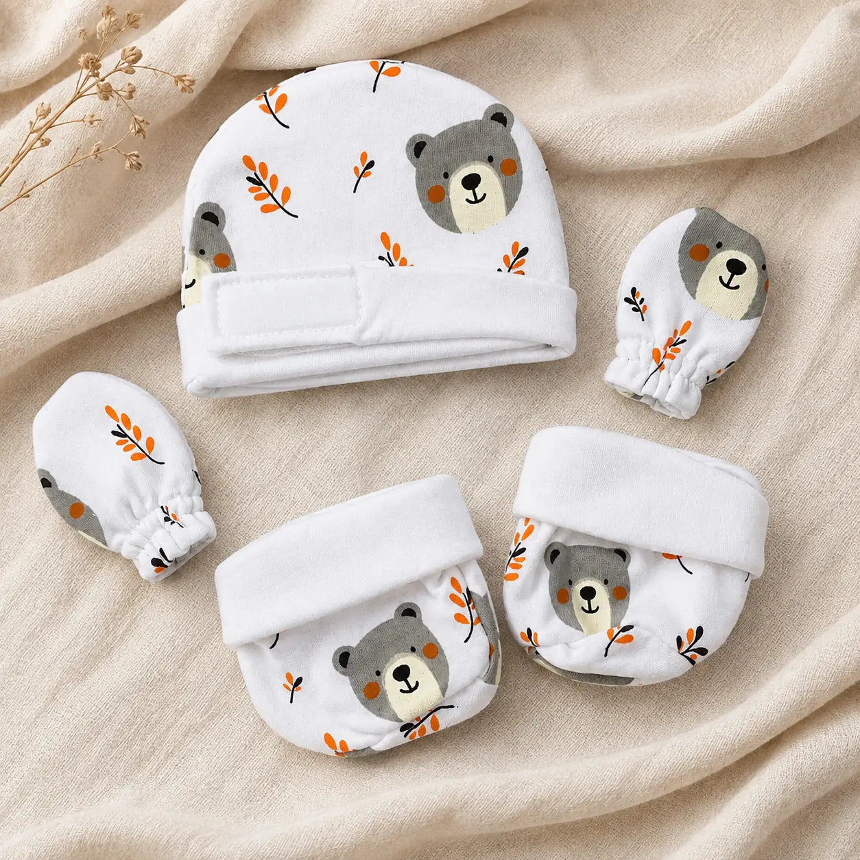 White Teddy Bear Print – Preemie / NICU Accessories Set – View 2