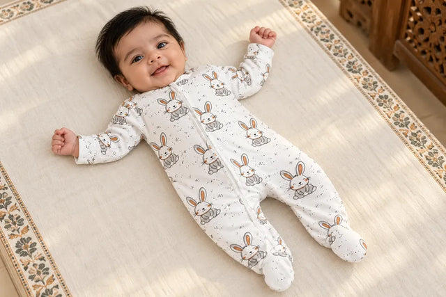 Baby wearing the ZB Tiny Bunny zipper romper
