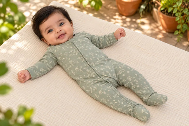 Baby wearing the ZB Little Dino zipper romper