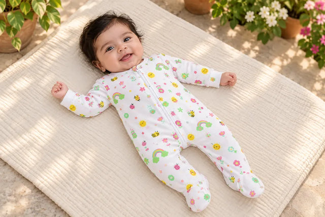 Baby wearing the ZB Little Ladybug zipper romper