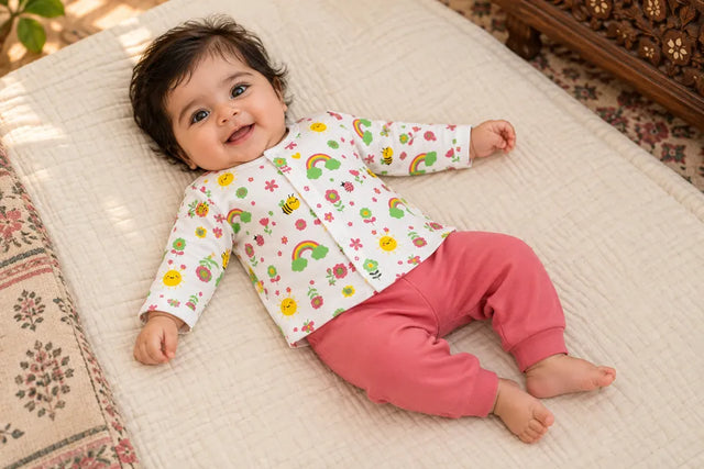 Baby wearing the ZB Little Bee two-piece set