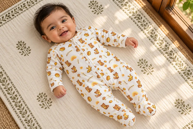 Baby wearing the ZB Tiny Tails zipper romper