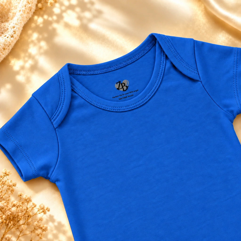 Royal Blue | ZB Baby Basic Bodysuit – envelope neckline detail angle luxury gold