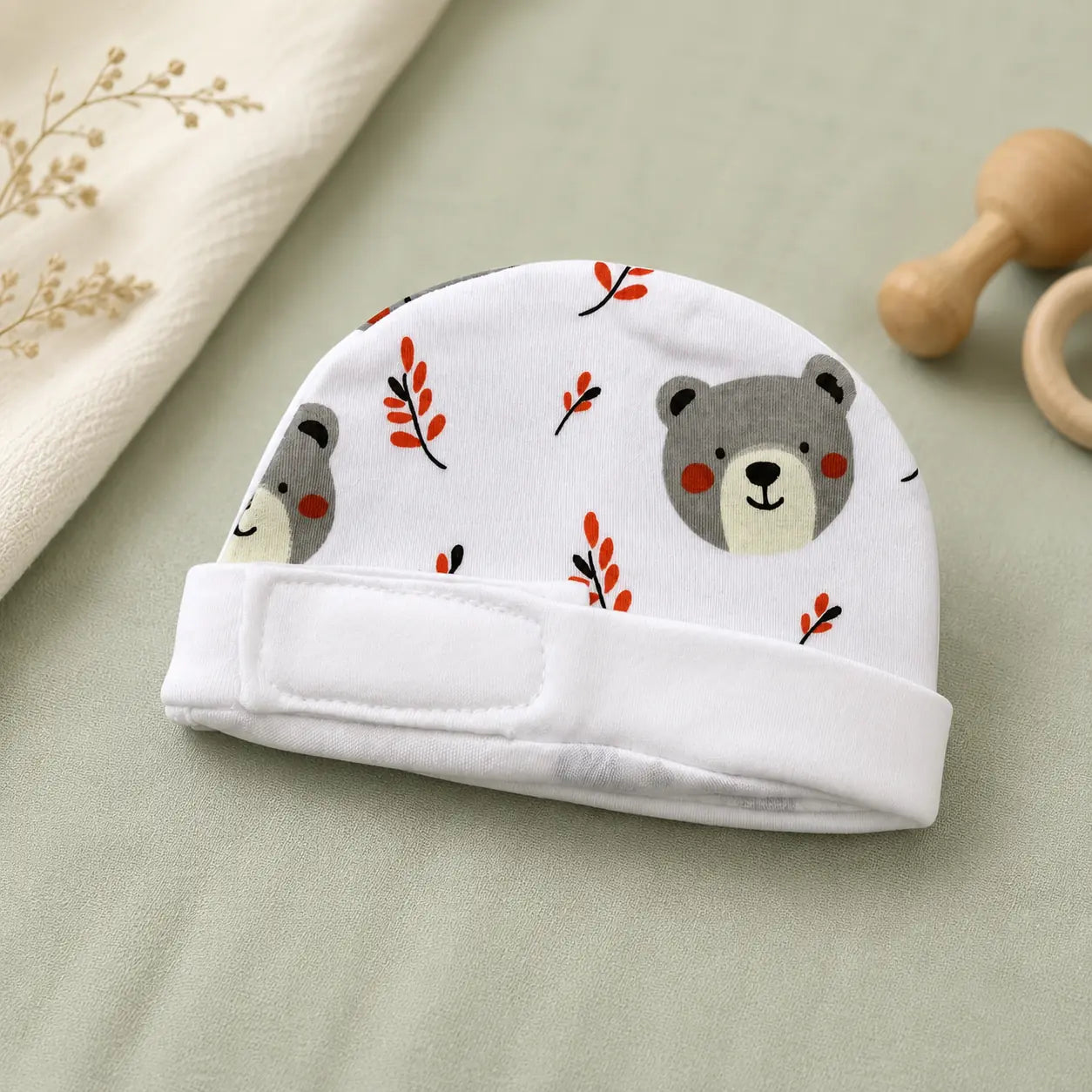 White Teddy Bear Print – Preemie / NICU Cap – View 3