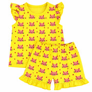 Cat Hearts | ZB yellow ruffle top and shorts baby set, full outfit view