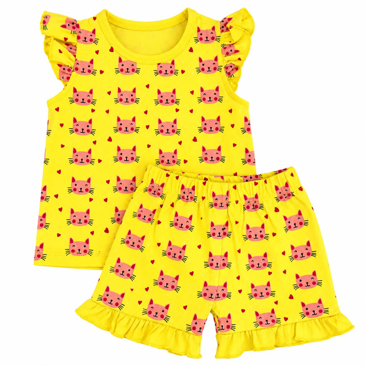 Cat Hearts | ZB yellow ruffle top and shorts baby set, full outfit view