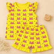 Cat Hearts | ZB yellow ruffle top and shorts baby set, alternate view 1