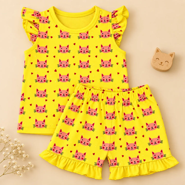 Cat Hearts | ZB yellow ruffle top and shorts baby set, alternate view 1