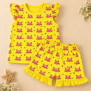Cat Hearts | ZB yellow ruffle top and shorts baby set, alternate view 2