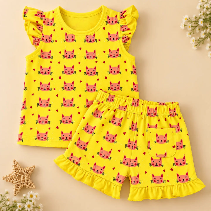 Cat Hearts | ZB yellow ruffle top and shorts baby set, alternate view 2
