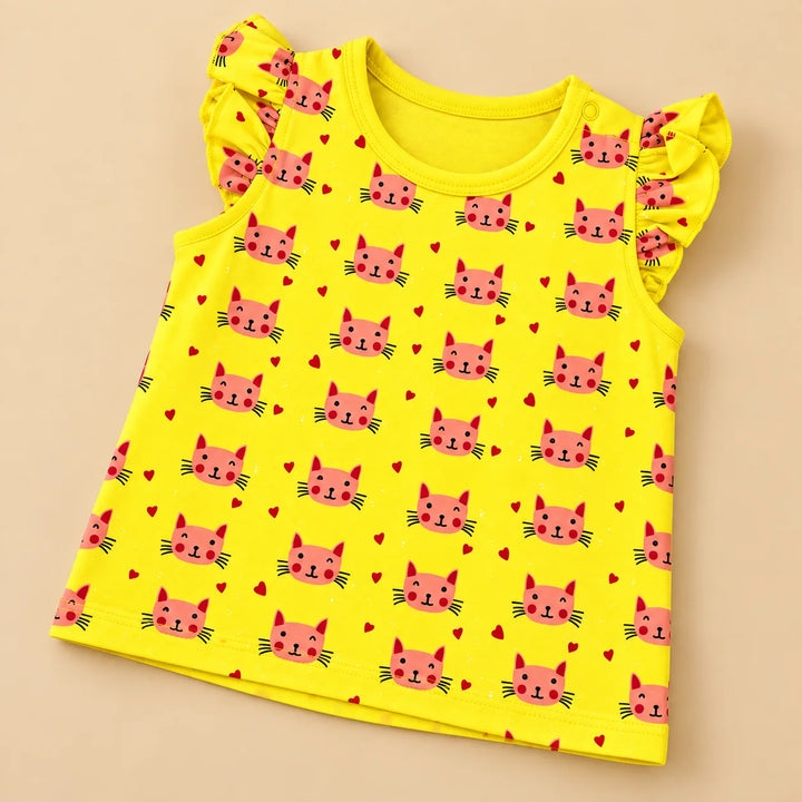 Cat Hearts | ZB yellow ruffle top and shorts baby set, alternate view 3