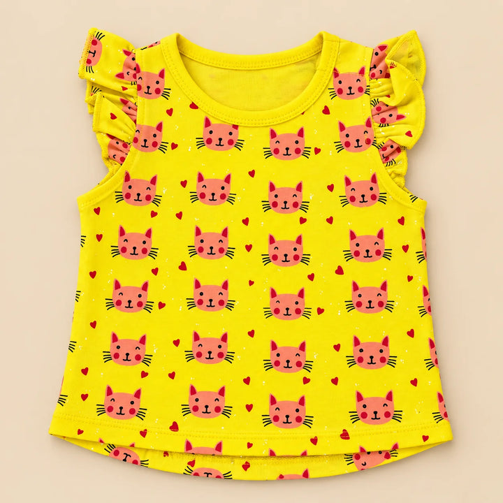 Cat Hearts | ZB yellow ruffle top and shorts baby set, alternate view 6