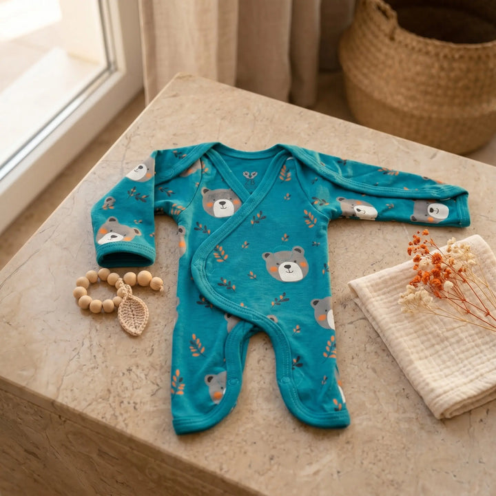 Teal Teddy Bear Print – Preemie / NICU Full Body Suit – View 3
